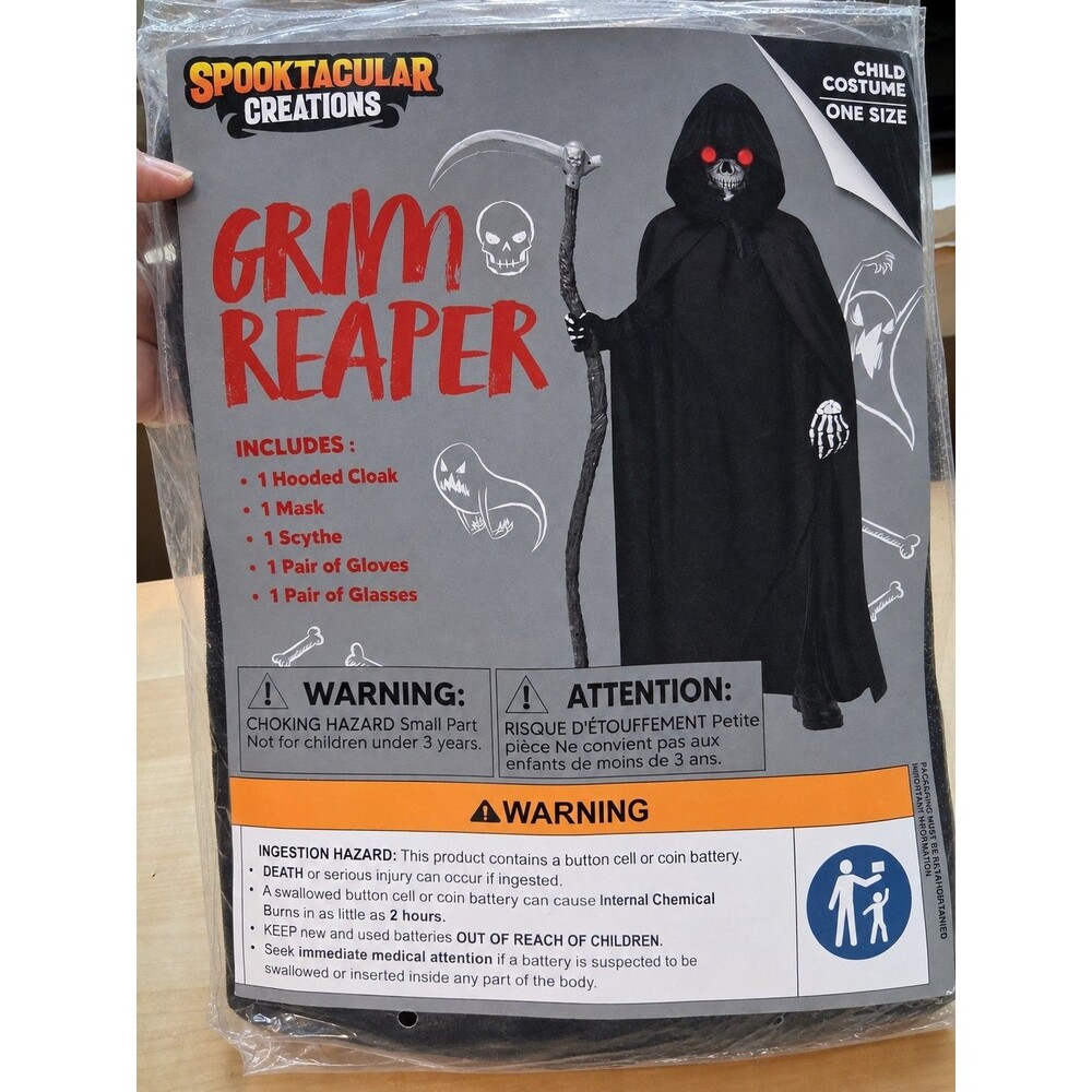 Spooky Grim Reaper Child Halloween Costume One Size Hooded Cloak Mask Scythe